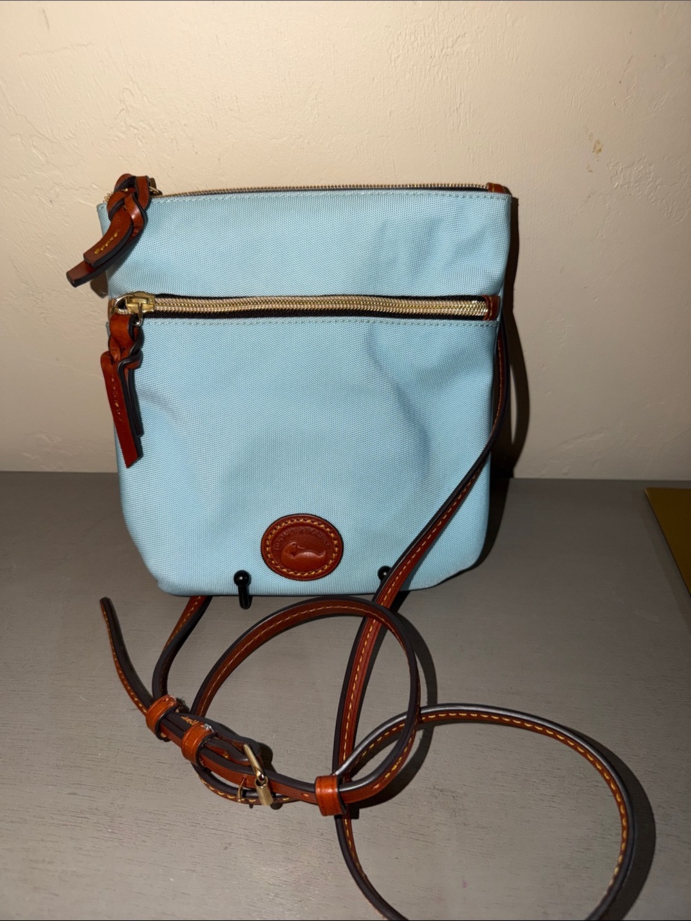 Dooney & Bourke Light Blue Crossbody with Brown Leather Trim and Gold Hardware